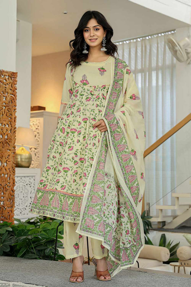 Yellow Floral Print Cotton Kurti Pant Set