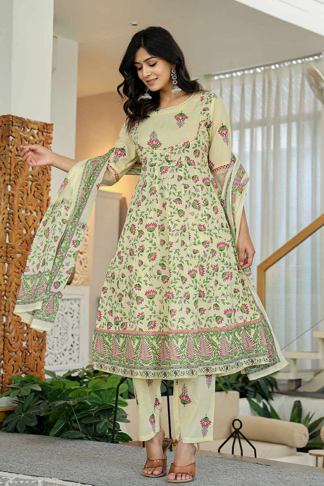 Yellow Floral Print Cotton Kurti Pant Set