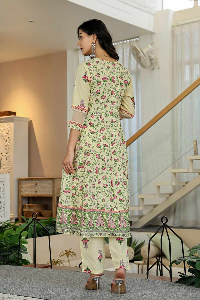 Yellow Floral Print Cotton Kurti Pant Set
