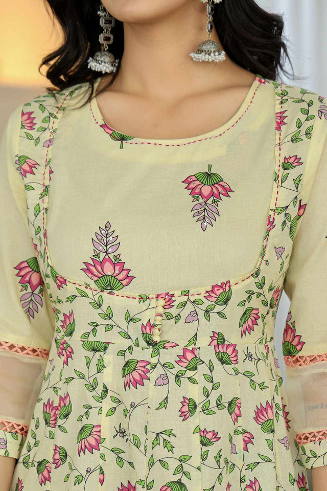 Yellow Floral Print Cotton Kurti Pant Set