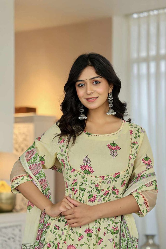 Yellow Floral Print Cotton Kurti Pant Set