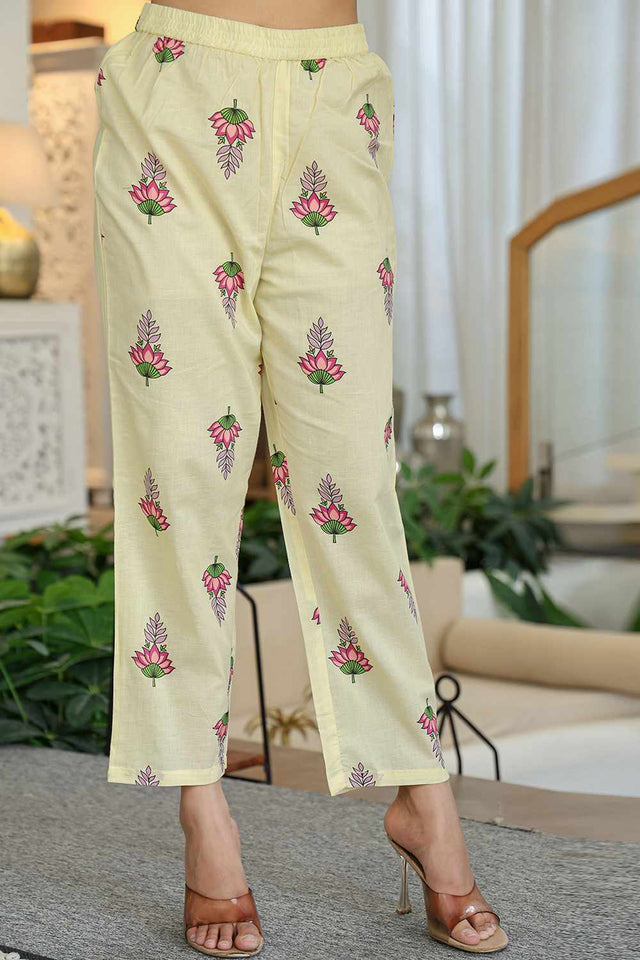 Yellow Floral Print Cotton Kurti Pant Set
