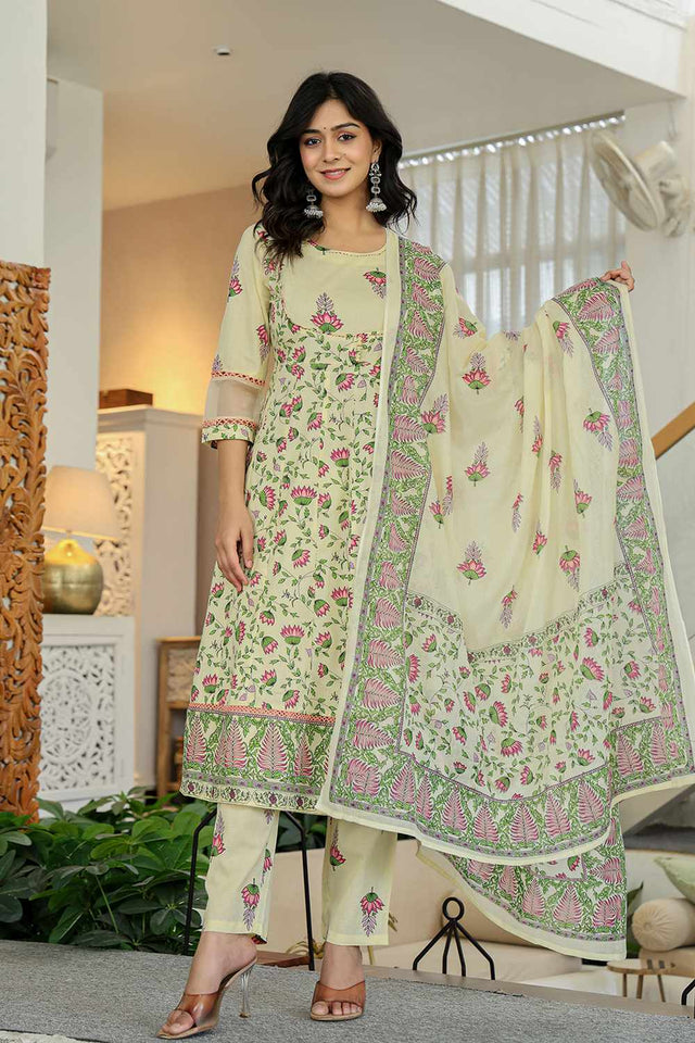 Yellow Floral Print Cotton Kurti Pant Set