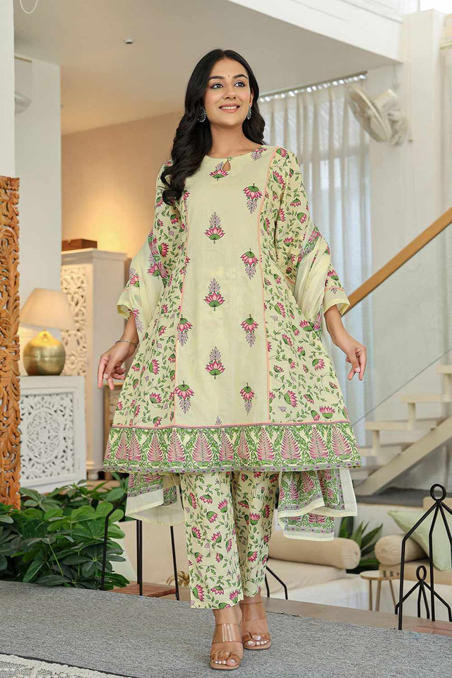 Yellow Floral Print Cotton Kurti Pant Set