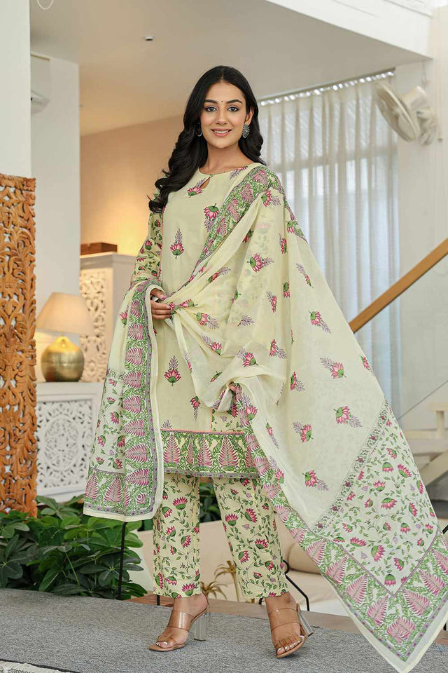 Yellow Floral Print Cotton Kurti Pant Set