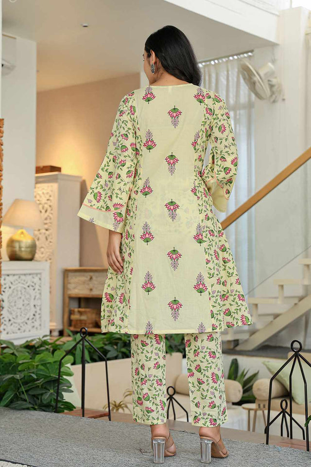 Yellow Floral Print Cotton Kurti Pant Set