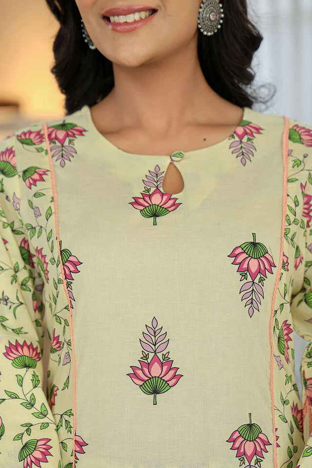 Yellow Floral Print Cotton Kurti Pant Set