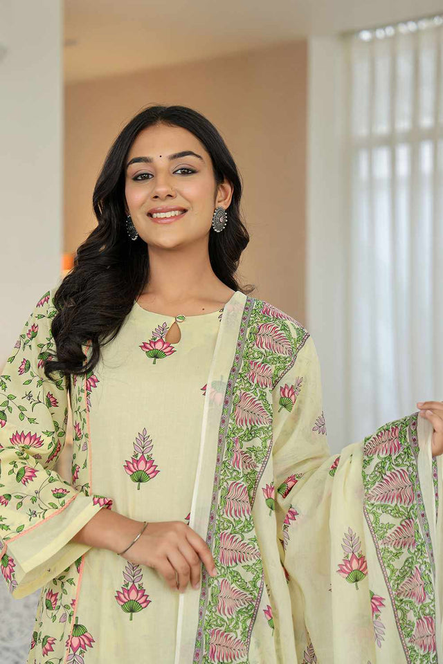 Yellow Floral Print Cotton Kurti Pant Set