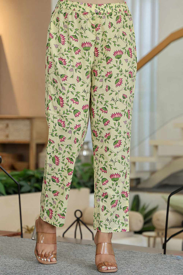 Yellow Floral Print Cotton Kurti Pant Set