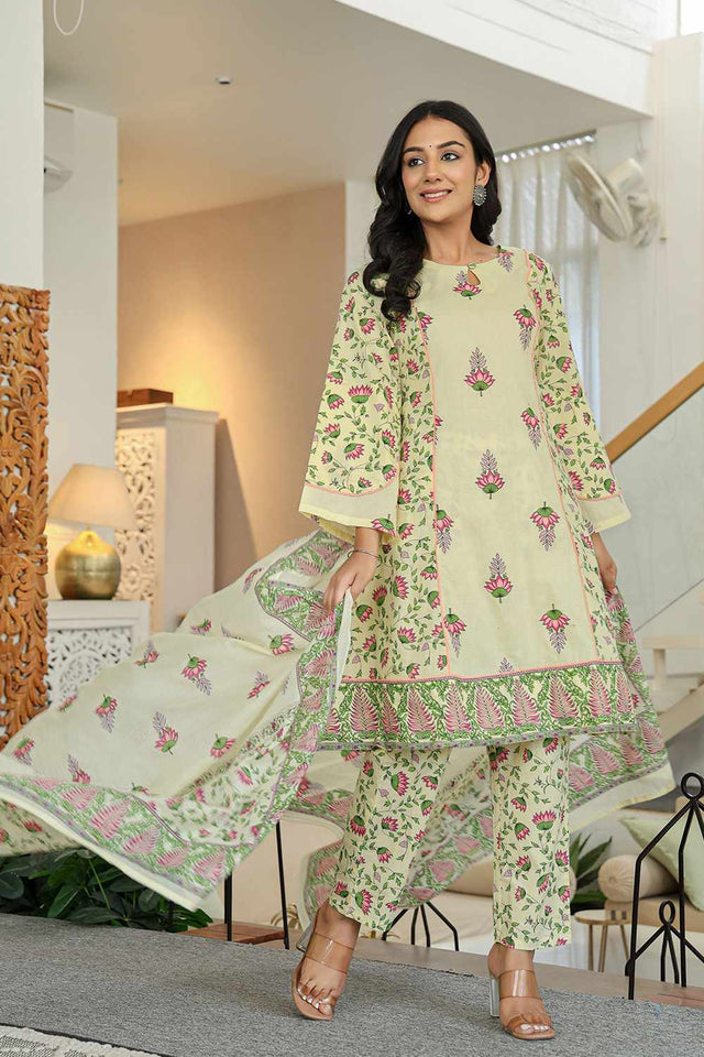 Yellow Floral Print Cotton Kurti Pant Set