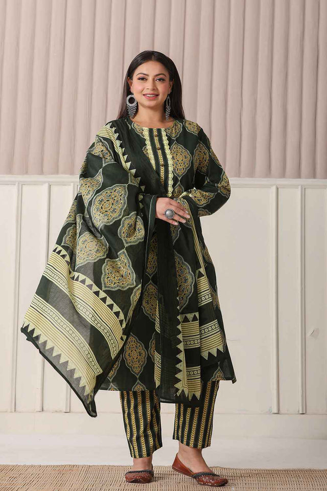 Green Block Pure Cotton Kurti Pant Set