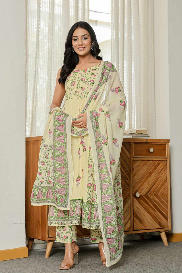 Yellow Floral Print Cotton Kurti Pant Set