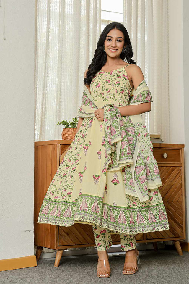 Yellow Floral Print Cotton Kurti Pant Set