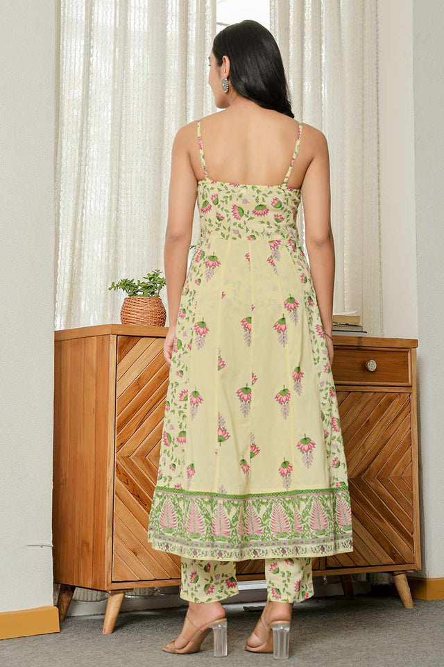 Yellow Floral Print Cotton Kurti Pant Set