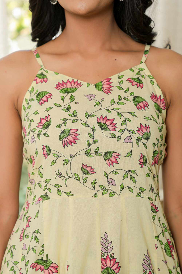 Yellow Floral Print Cotton Kurti Pant Set