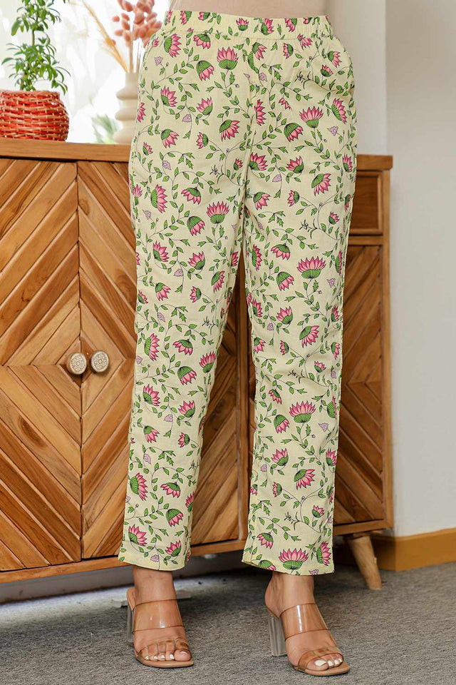 Yellow Floral Print Cotton Kurti Pant Set