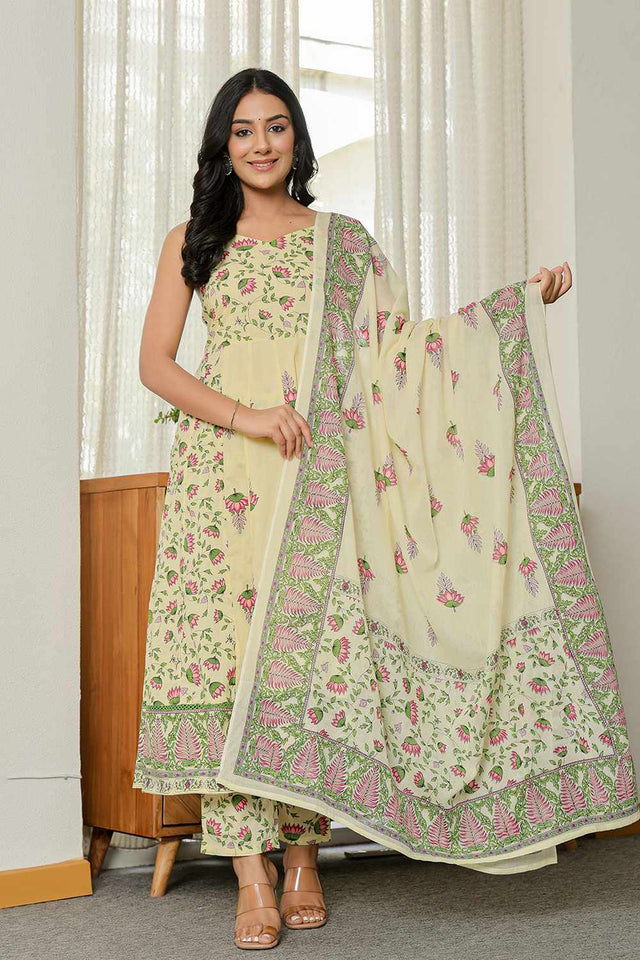 Yellow Floral Print Cotton Kurti Pant Set