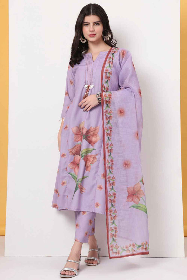 Violet Floral Printed Linen Kurti Pant Set