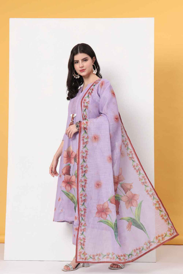Violet Floral Printed Linen Kurti Pant Set