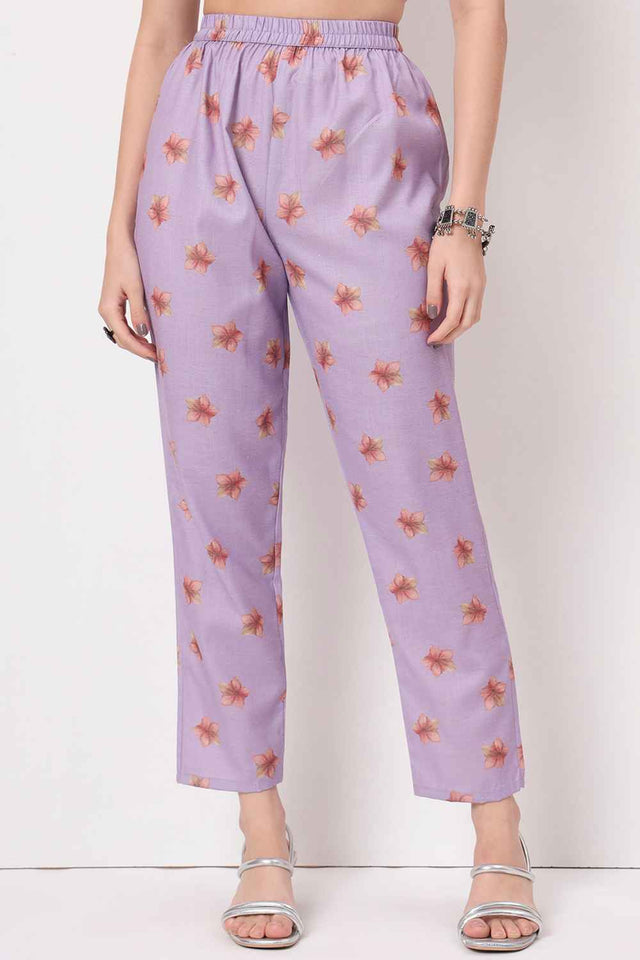 Violet Floral Printed Linen Kurti Pant Set