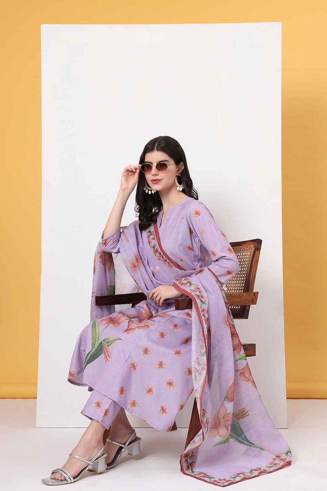 Violet Floral Printed Linen Kurti Pant Set