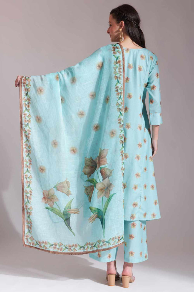 Sea-Green Floral Printed Linen Kurti Pant Set