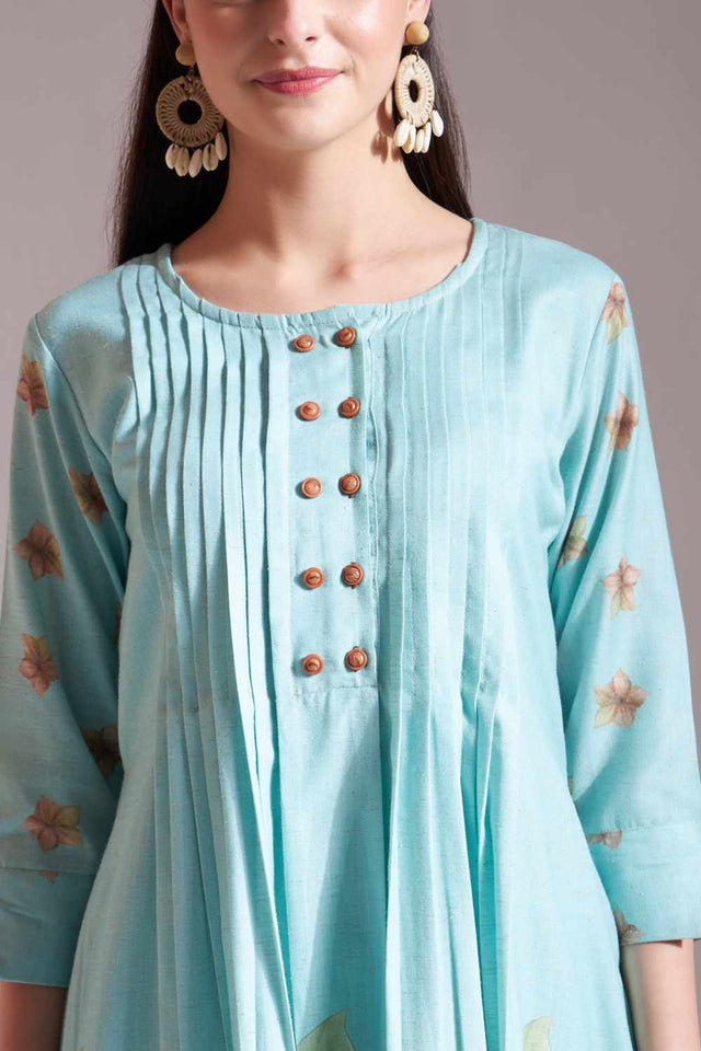 Sea-Green Floral Printed Linen Kurti Pant Set