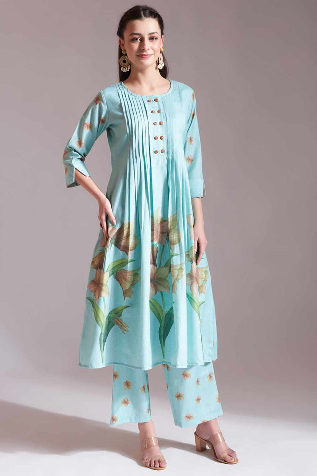 Sea-Green Floral Printed Linen Kurti Pant Set