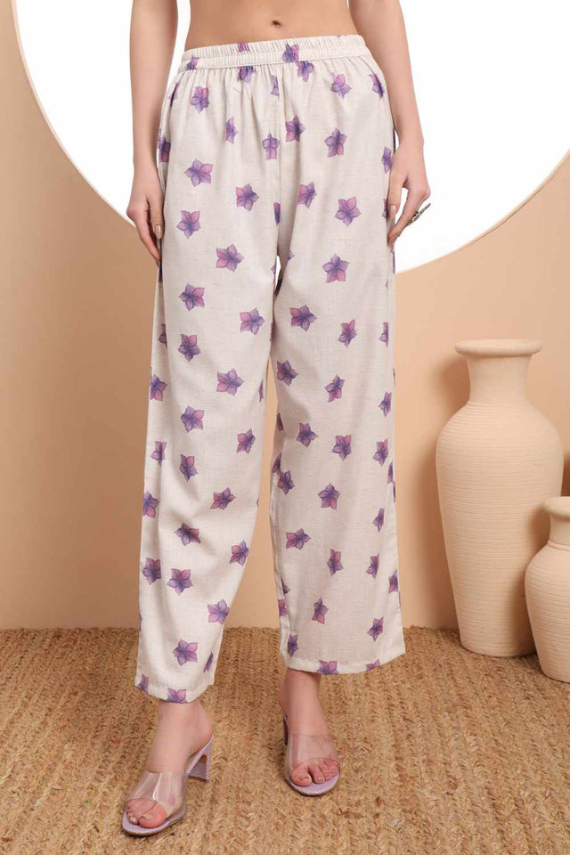 White Floral Printed Linen Kurti Pant Set (6373SKDWH)