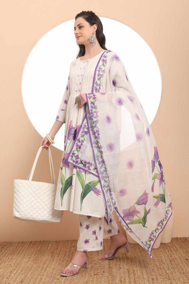 White Floral Printed Linen Kurti Pant Set (6373SKDWH)