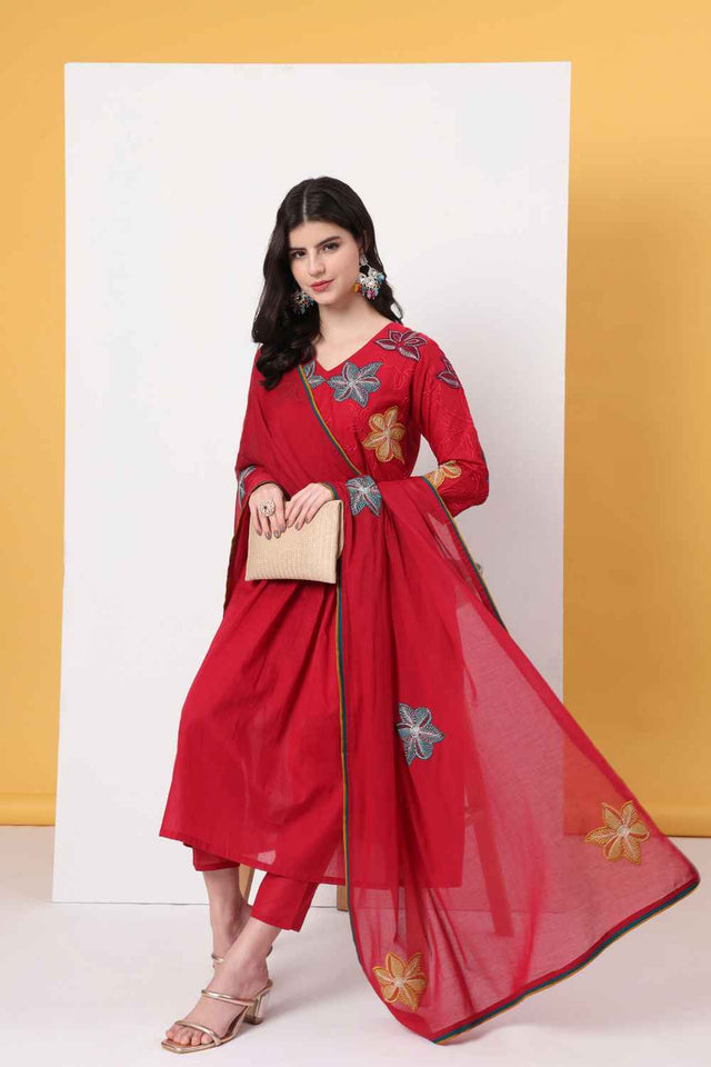Red Solid Cotton Anarkali Suit Set