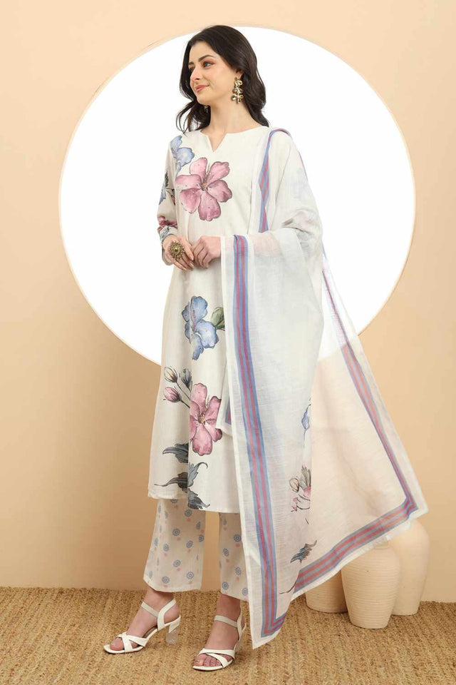 White Floral Printed Linen Kurti Pant Set