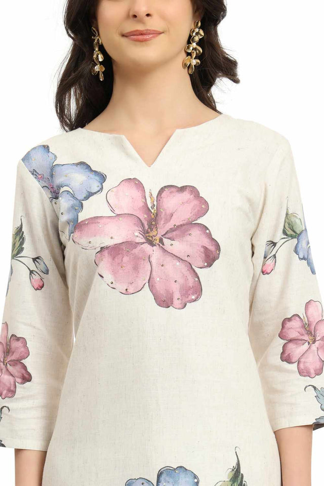 White Floral Printed Linen Kurti Pant Set