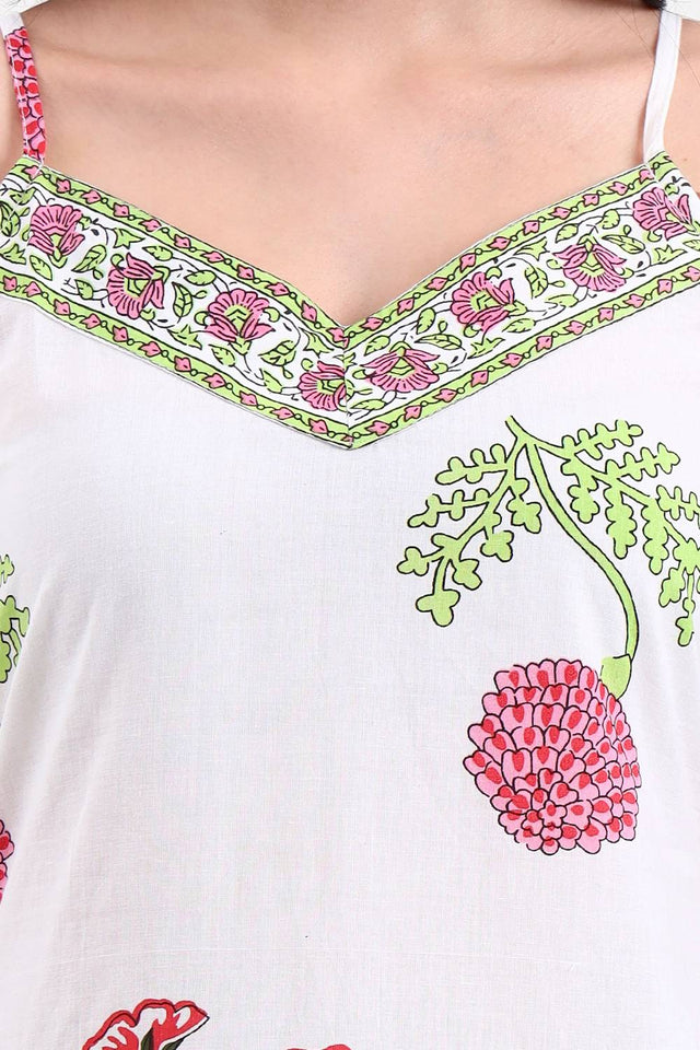 White Floral Printed Cotton Straight Kurti