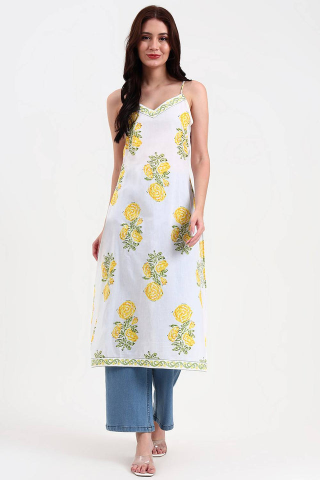 White Floral Printed Cotton Straight Kurti