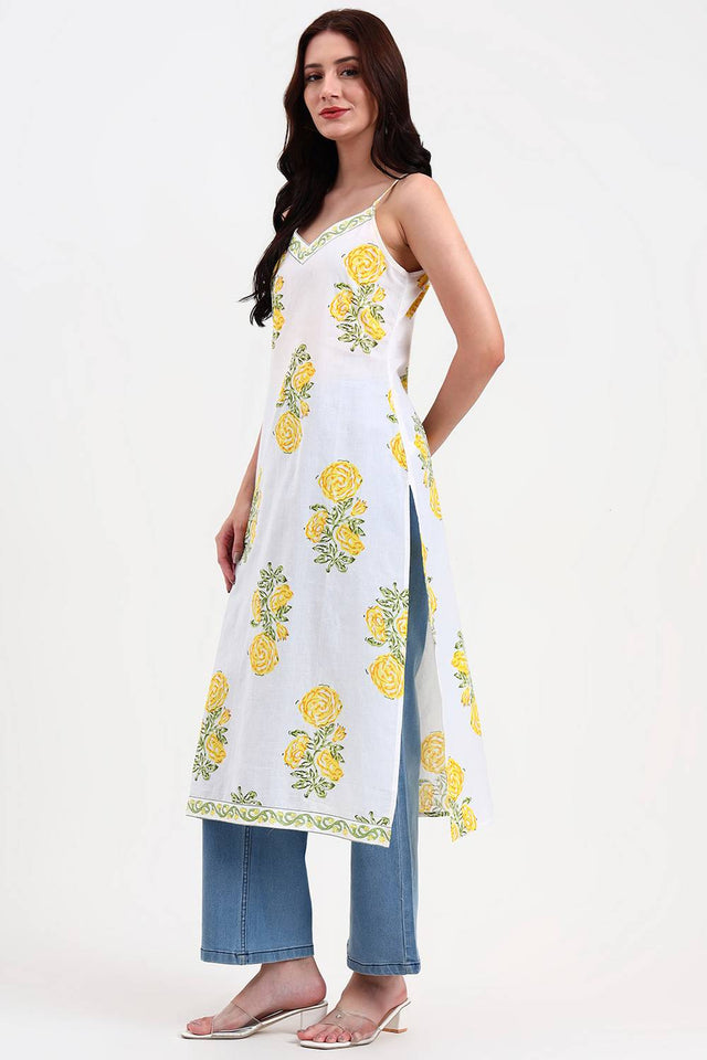 White Floral Printed Cotton Straight Kurti