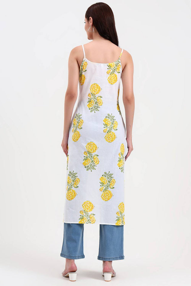 White Floral Printed Cotton Straight Kurti