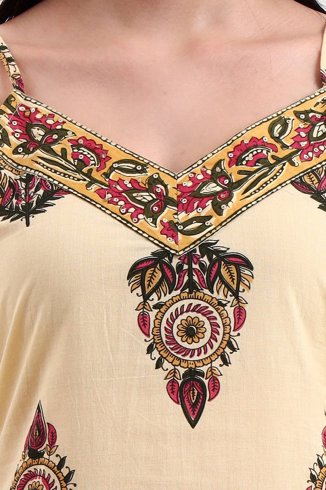 Beige Floral Printed Cotton Straight Cut Suit Set