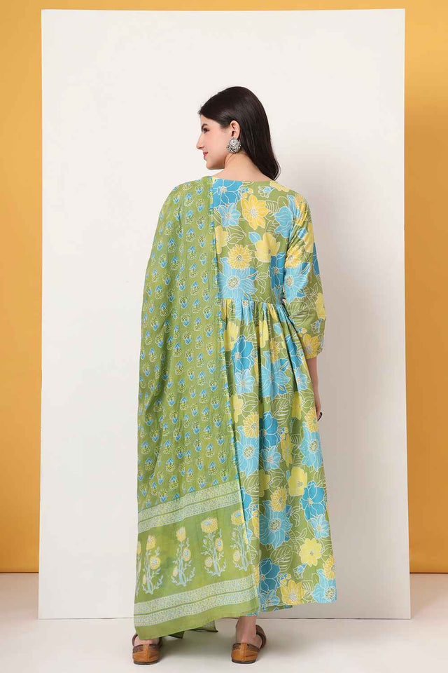 Green Floral Printed Cotton Anarkali Suit Set