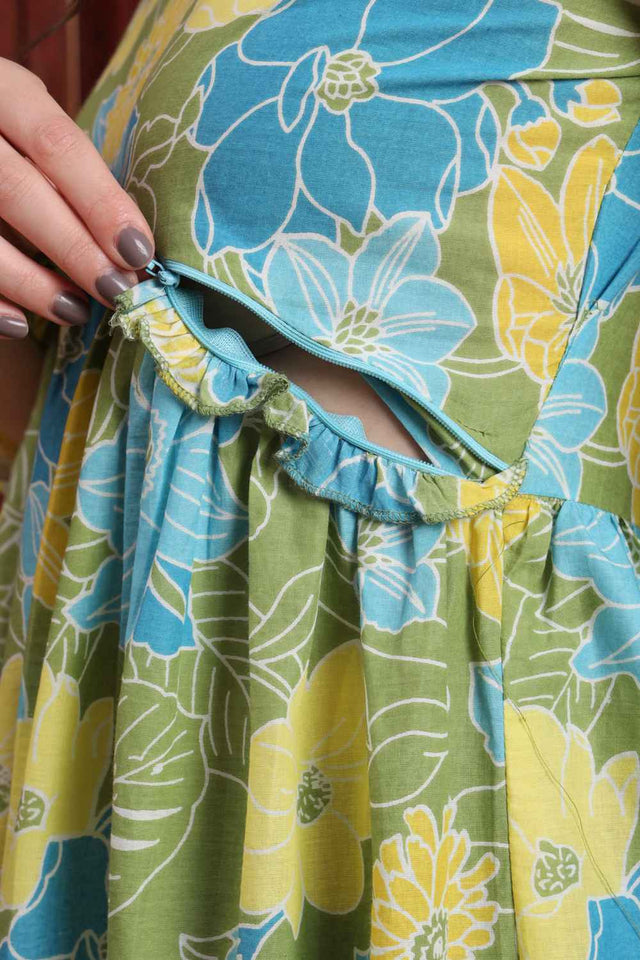 Green Floral Printed Cotton Anarkali Suit Set