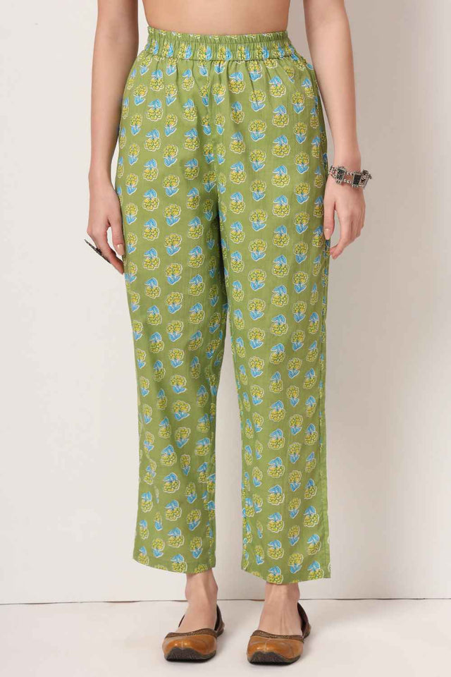 Green Floral Printed Cotton Anarkali Suit Set