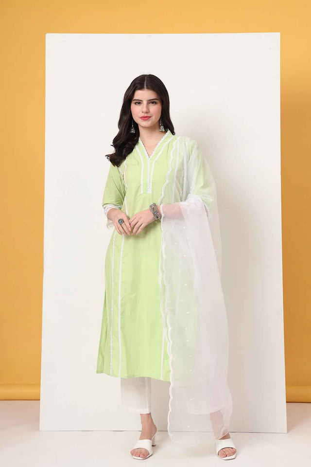 Green Solid Organza Kurti Pant Set