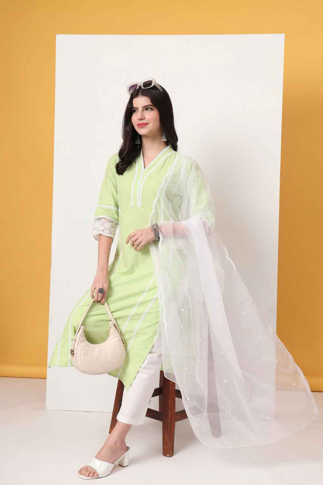 Green Solid Organza Kurti Pant Set