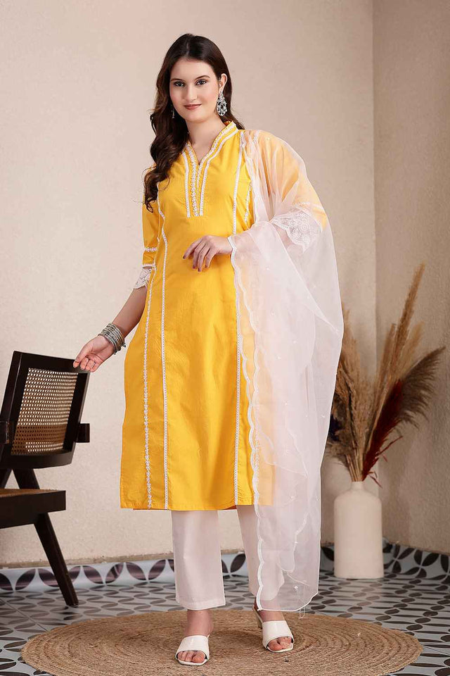 Yellow Solid Organic Cotton Kurti Pant Set