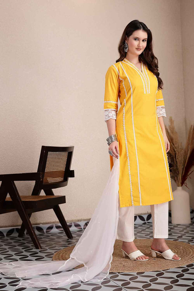 Yellow Solid Organic Cotton Kurti Pant Set