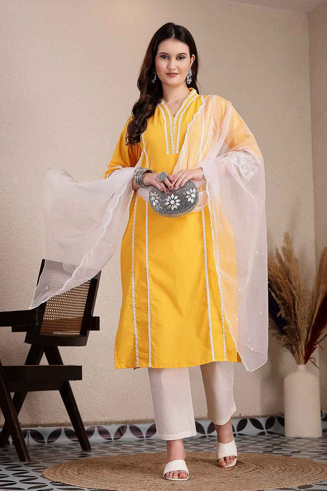 Yellow Solid Organic Cotton Kurti Pant Set