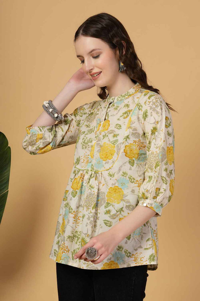 Beige Floral Printed Pure Cotton Tops