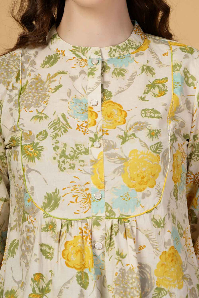 Beige Floral Printed Pure Cotton Tops
