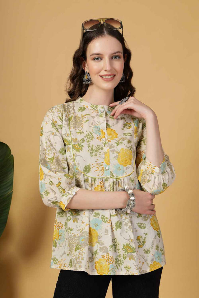 Beige Floral Printed Pure Cotton Tops