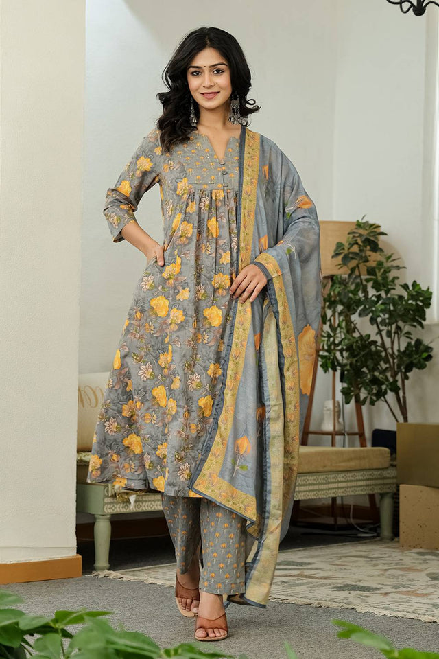 Grey Floral Printed Cotton Straight Cut Suit Set